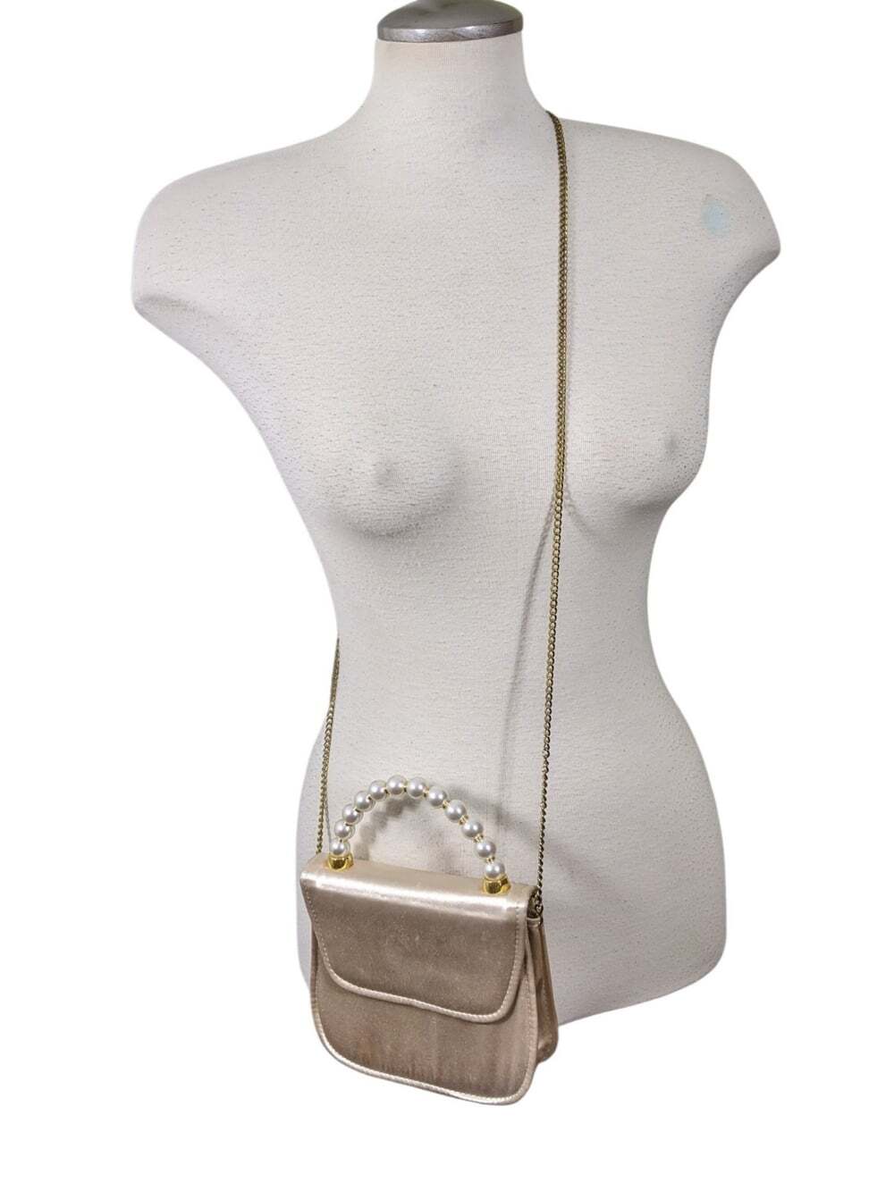 Vintage Ta Tong Champagne Satin Evening Bag Chain Crossbody Strap Faux Pearl